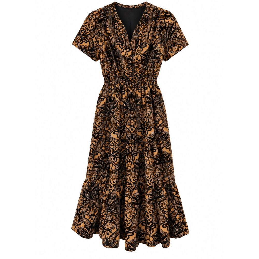 Anthropologie Somerset Black Tan Floral Velvet Fit & Flare Maxi Dress